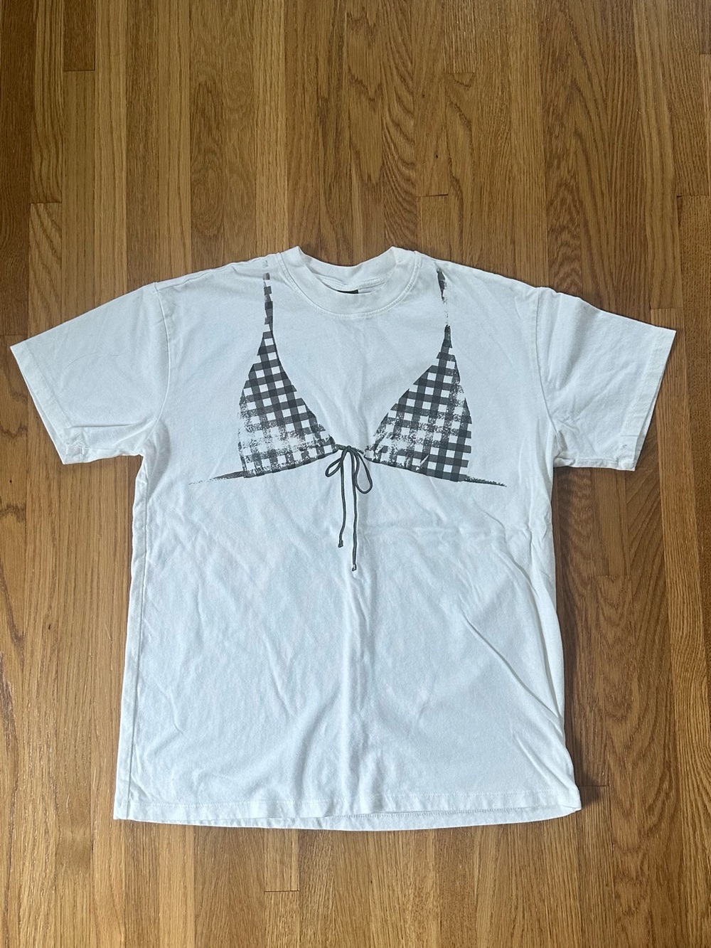 Wild Fable White Graphic Women’s T-Shirt with Black Gingham Bikini Print